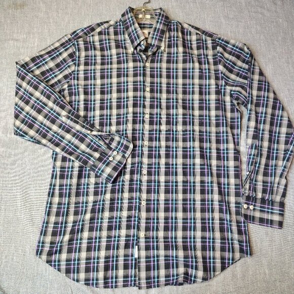 Peter Millar Other - Peter Millar Shirt Mens Size Large Gray Black Purple Plaid Button Down Crown
